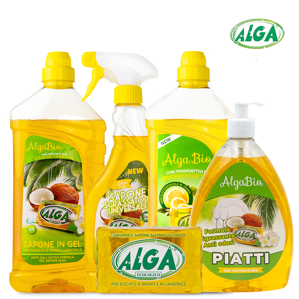 Detersivo piatti e sgrassatore con sapone ALGA, 1 litro e mezzo a 1,30  euro, economico ed ecologico 